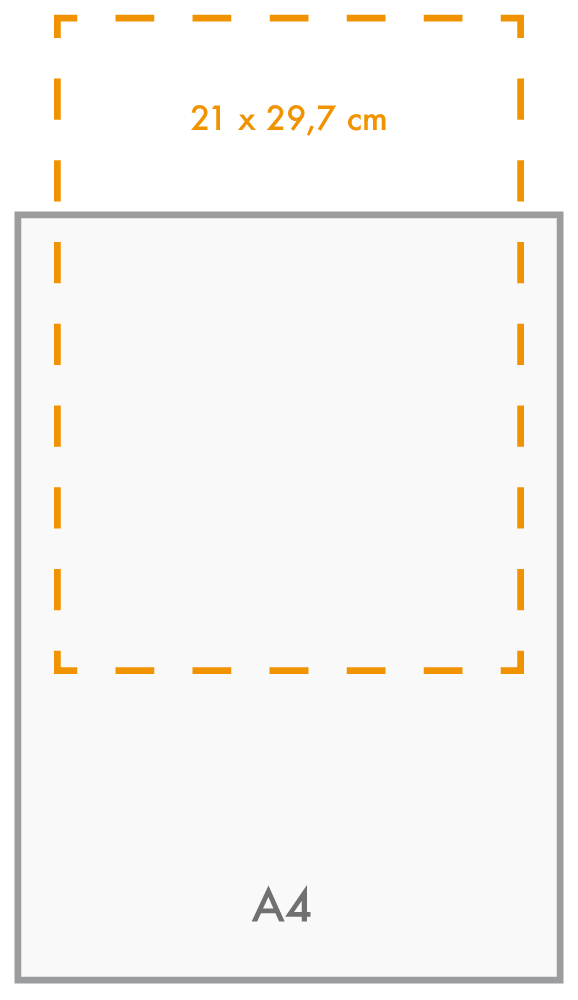 schéma d'une feuille A4 de 21 x 29,7 cm s'insérant dans un protège menu A4