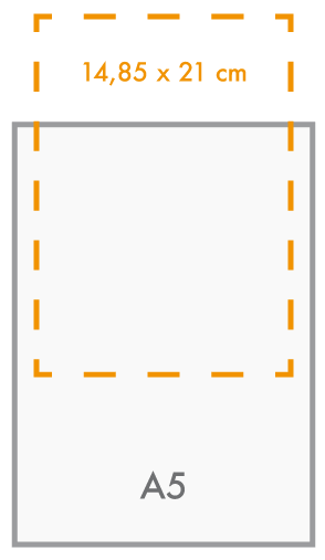 schéma d'une feuille de 14,85 x 21 cm s'insérant dans un porte menu A5