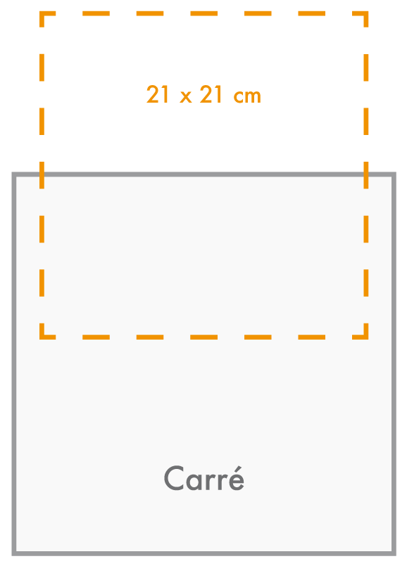 schéma d'une feuille carrée de 21 cm s'insérant dans un porte menu carré